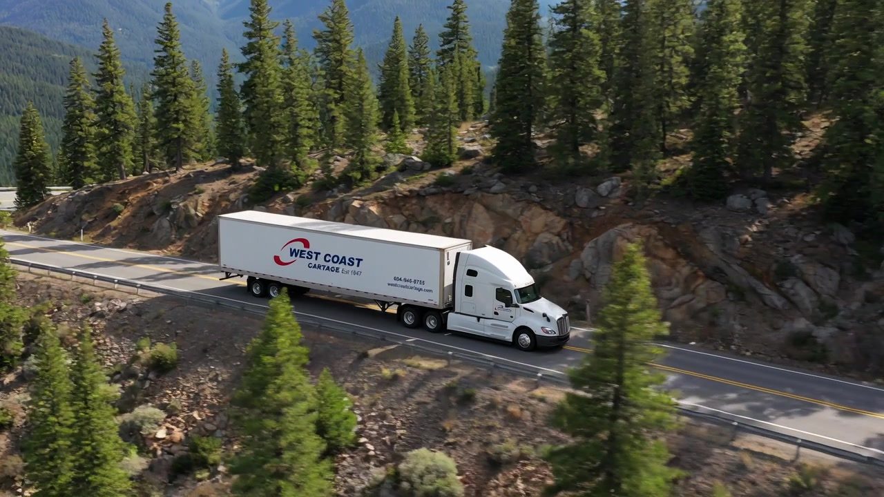 A West Coast Cartage tractor-trailer on a British Columbia mountain highway
