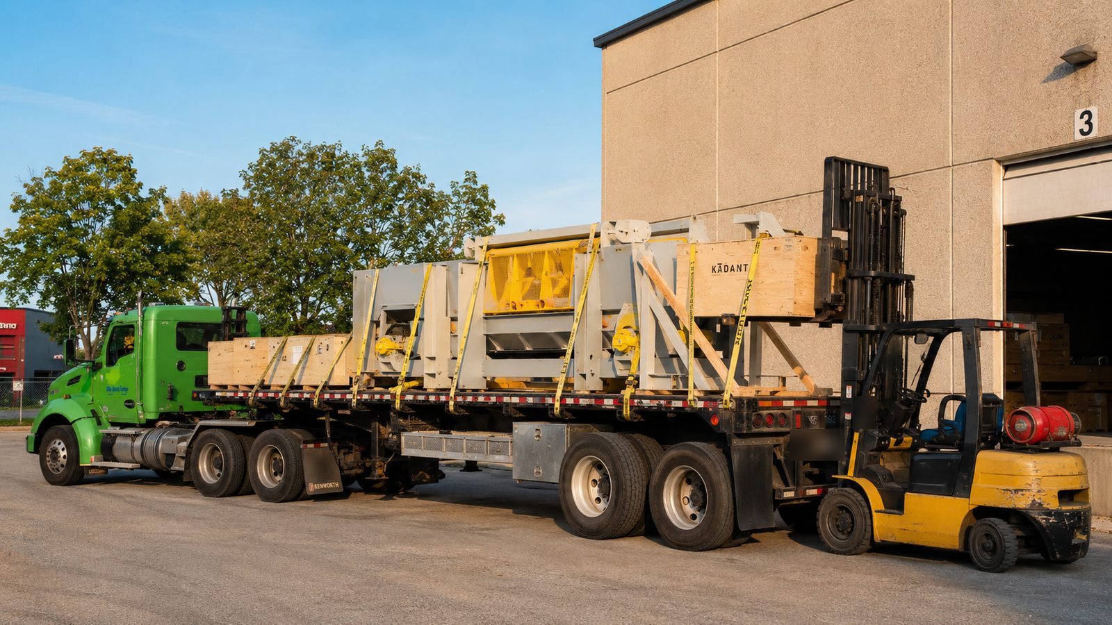 Strapped industrial equipment and crates on a West Coast Cartage flat deck at a loading door, forklift alongside